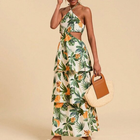 Boho Women's Tropical Plant Print Halter Waist Cutout Maxi Dress - Picture 6 of 6